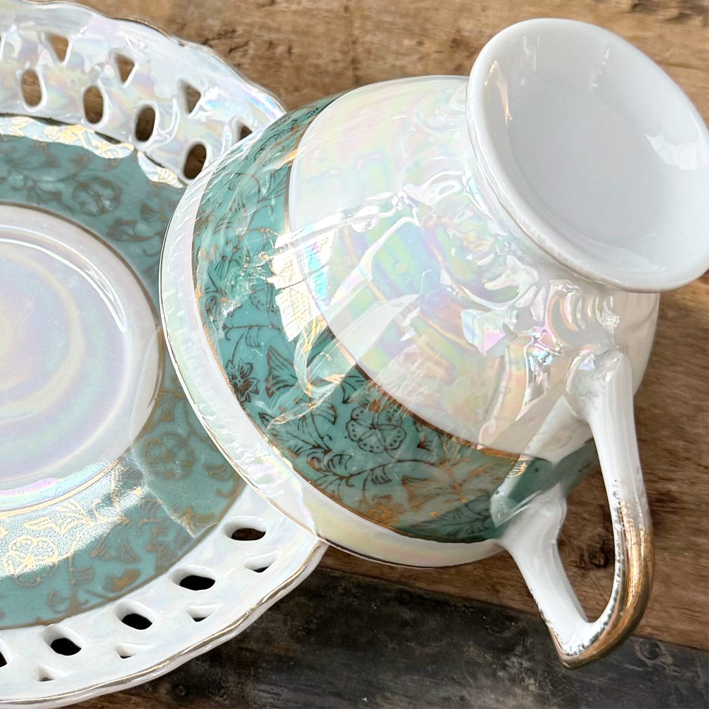Vintage Green and Gold Trimmed Openwork Opalescent Cup and Saucer Set