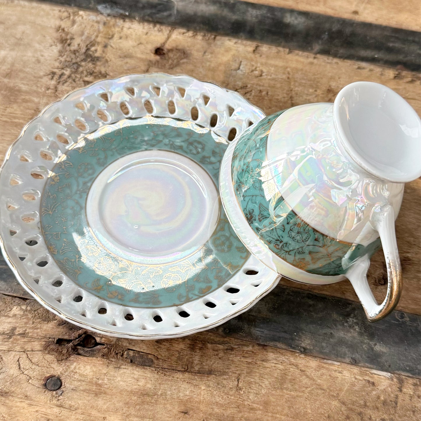 Vintage Green and Gold Trimmed Openwork Opalescent Cup and Saucer Set