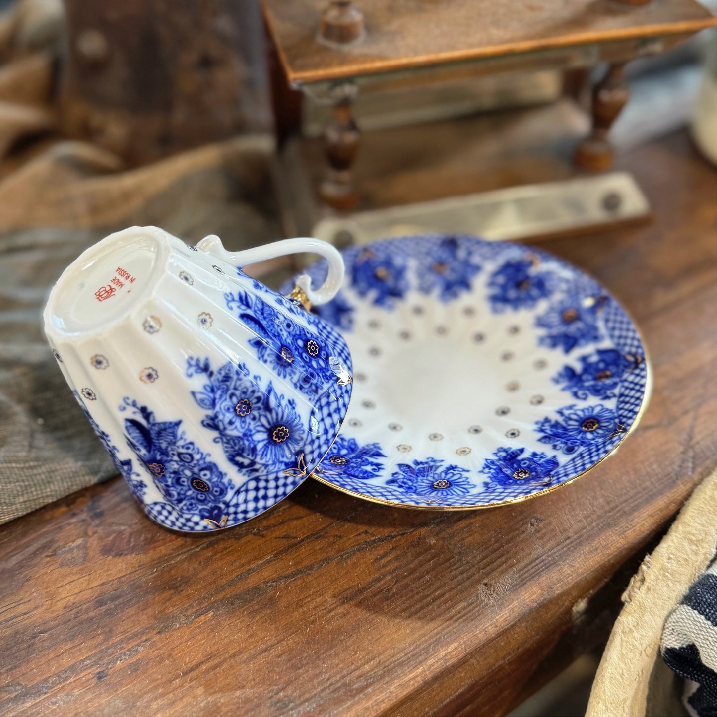 Antique Imperial Russian Lomonosov Blue White Porcelain Cup & Saucer