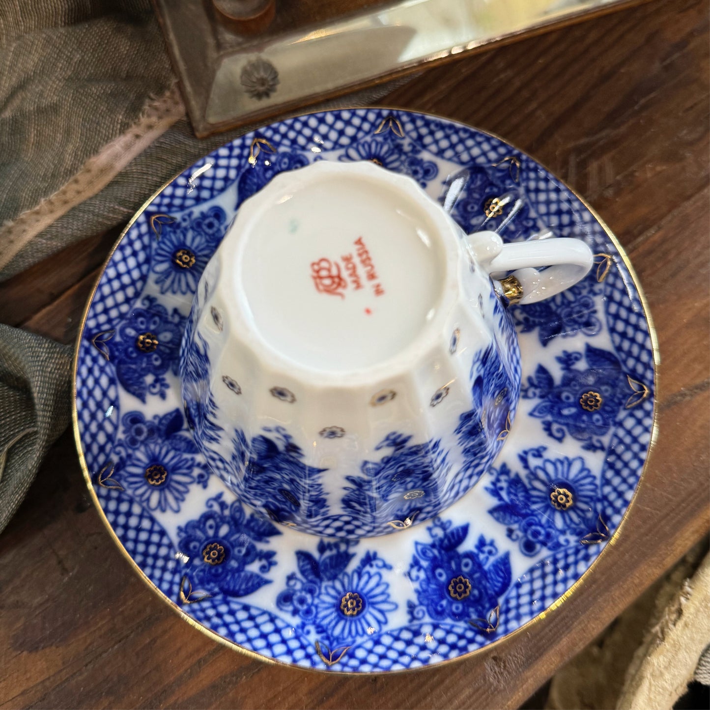 Antique Imperial Russian Lomonosov Blue White Porcelain Cup & Saucer