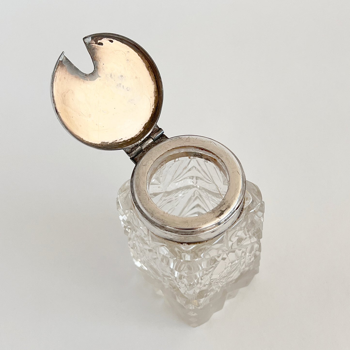 English antique glass mustard pot with silver-plated lid