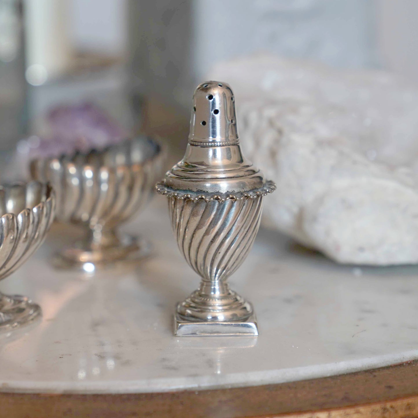 English antique silver-plated travel salt shaker
