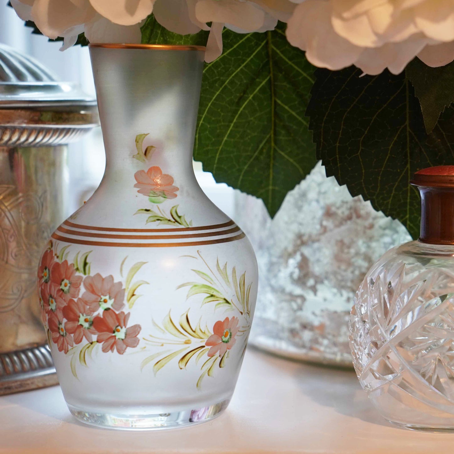 French antique painted glass water carafe