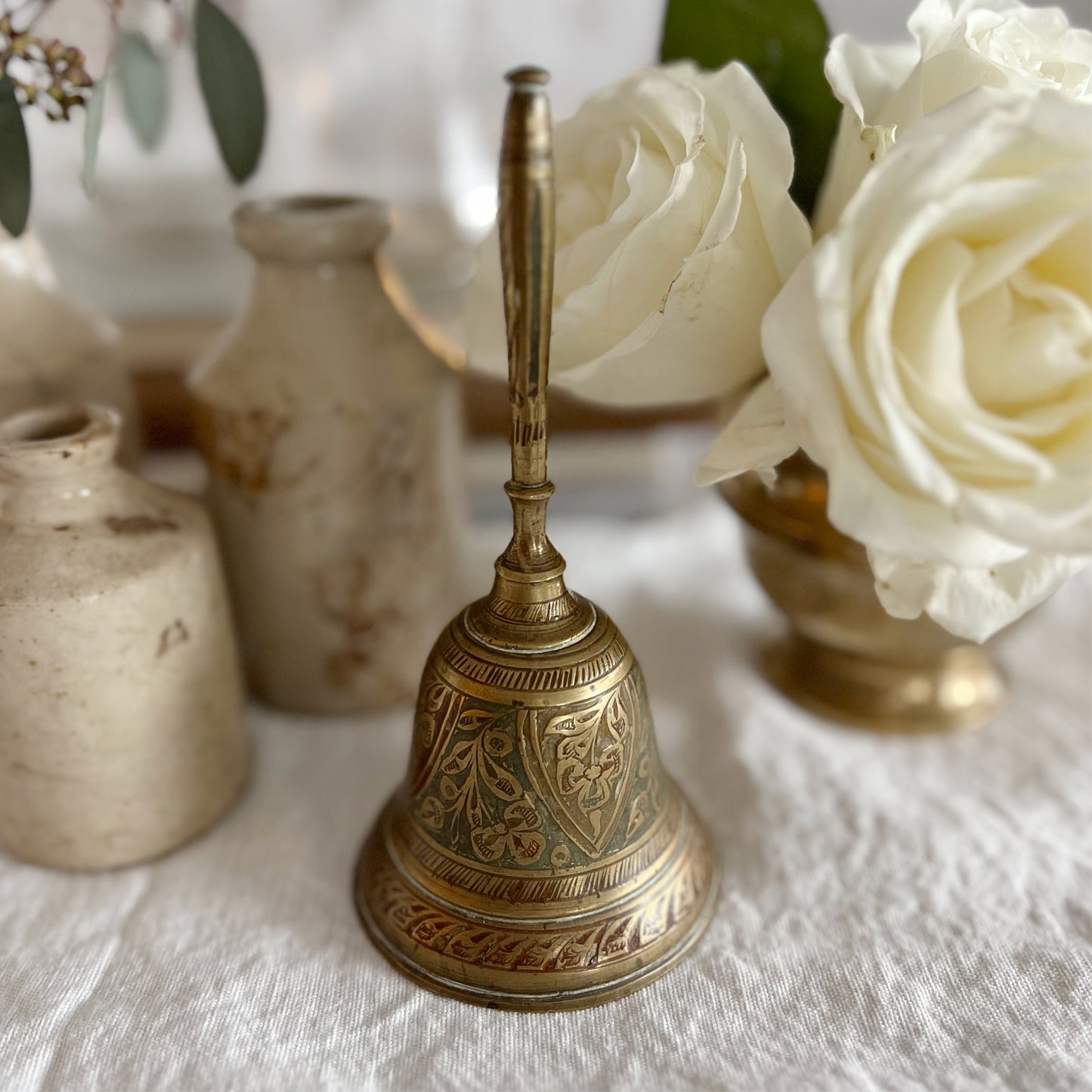 Antique Indian Brass Bell with Cloisonné Enamel