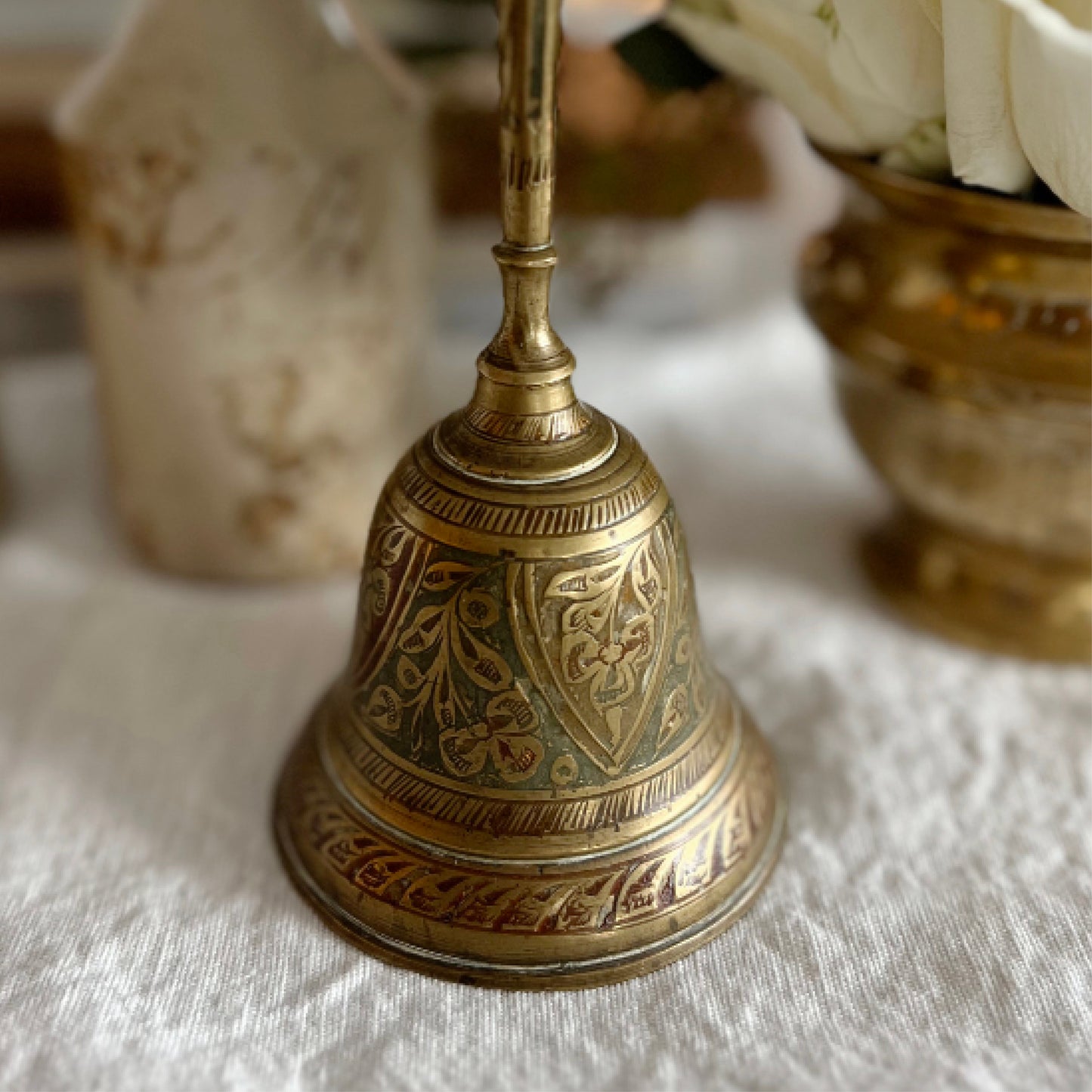 Antique Indian Brass Bell with Cloisonné Enamel
