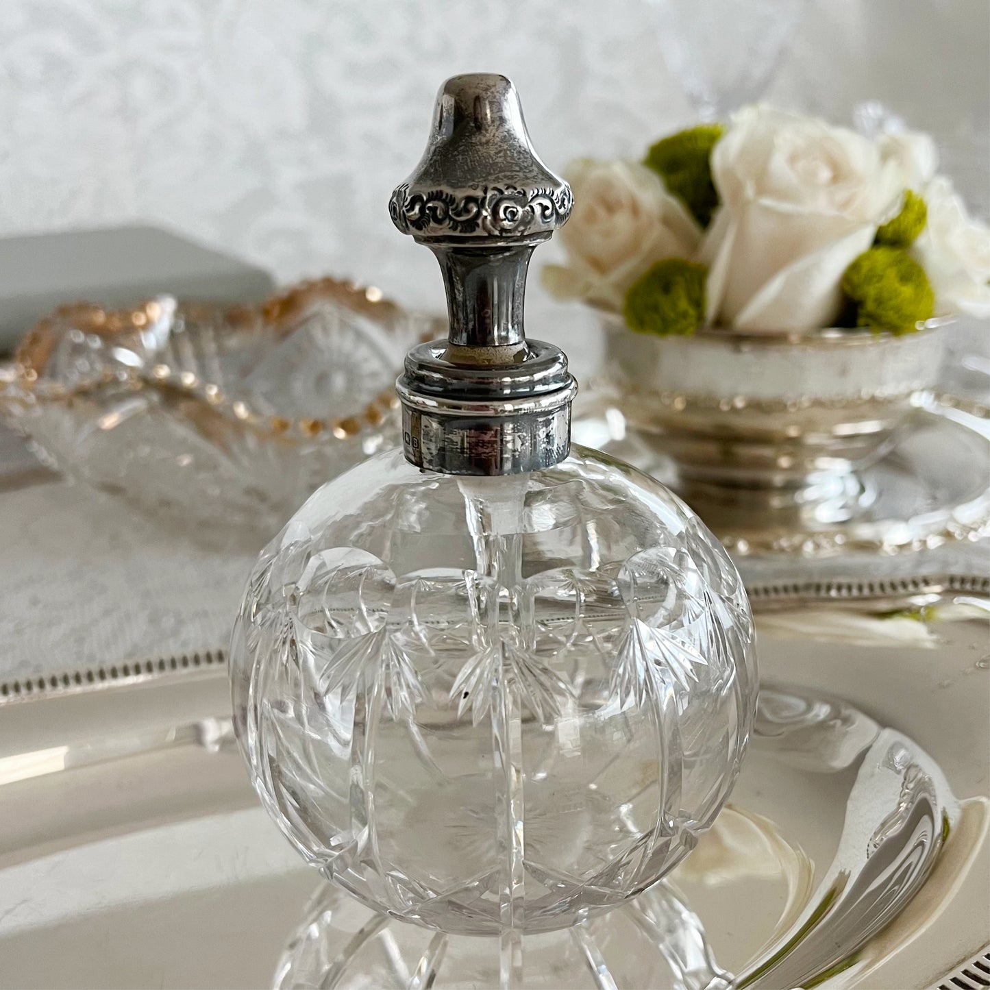 Antique English Crystal Perfume Bottle With Silver-Plated Lid