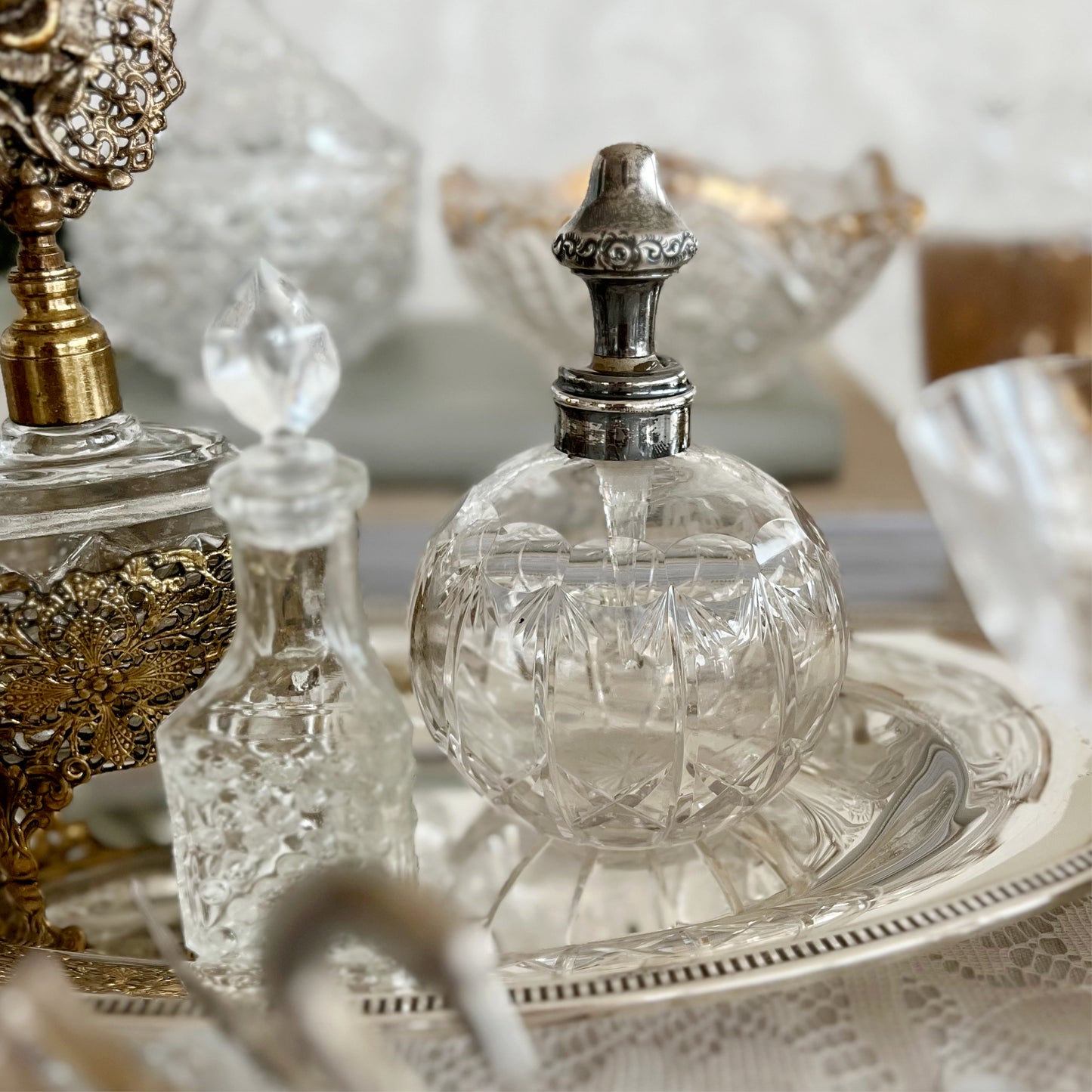 Antique English Crystal Perfume Bottle With Silver-Plated Lid