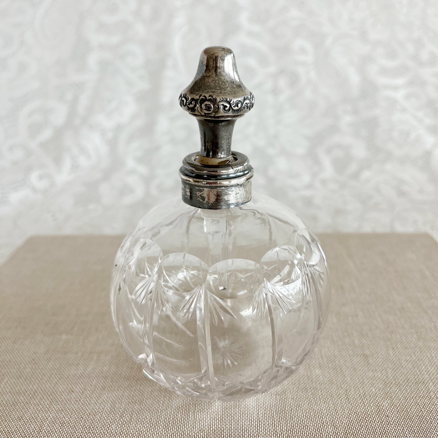 Antique English Crystal Perfume Bottle With Silver-Plated Lid