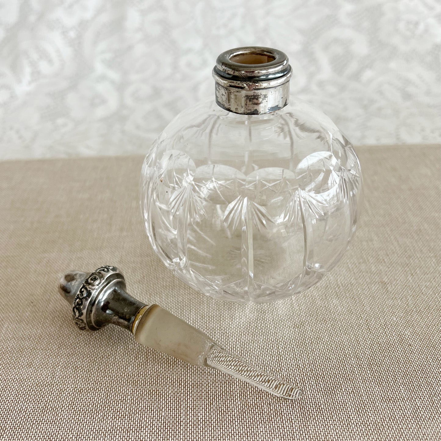Antique English Crystal Perfume Bottle With Silver-Plated Lid