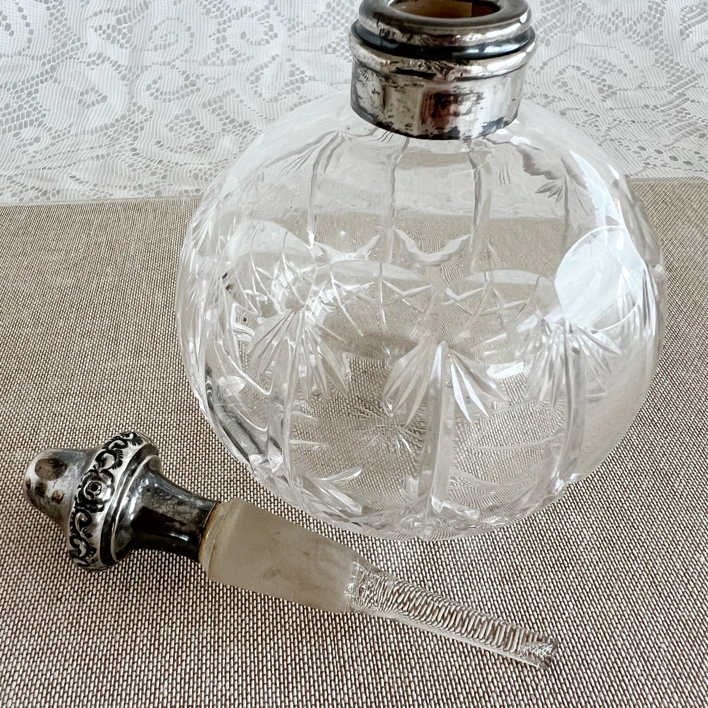 Antique English Crystal Perfume Bottle With Silver-Plated Lid