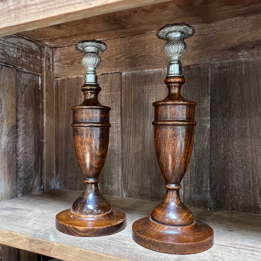 Antique Wood and Silverplated Candlestick Holders, pair