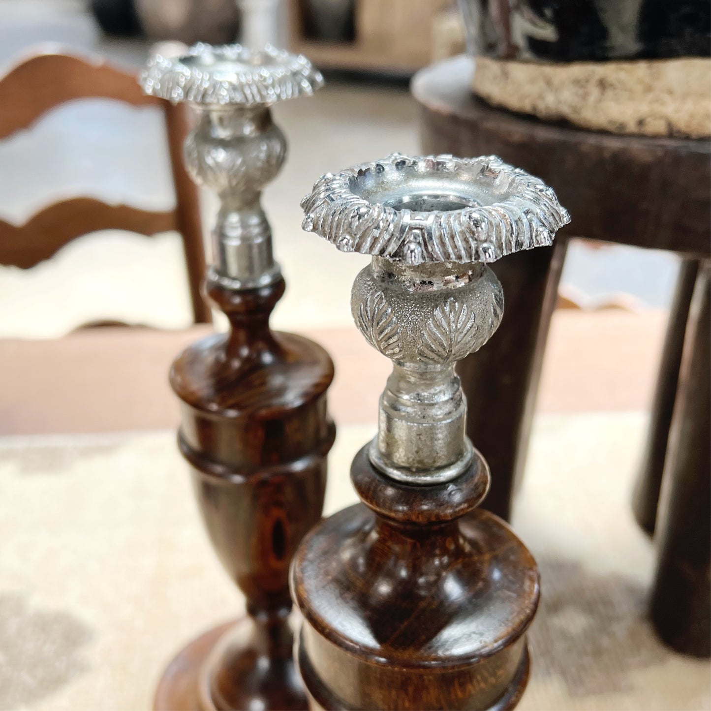 Antique Wood and Silverplated Candlestick Holders, pair
