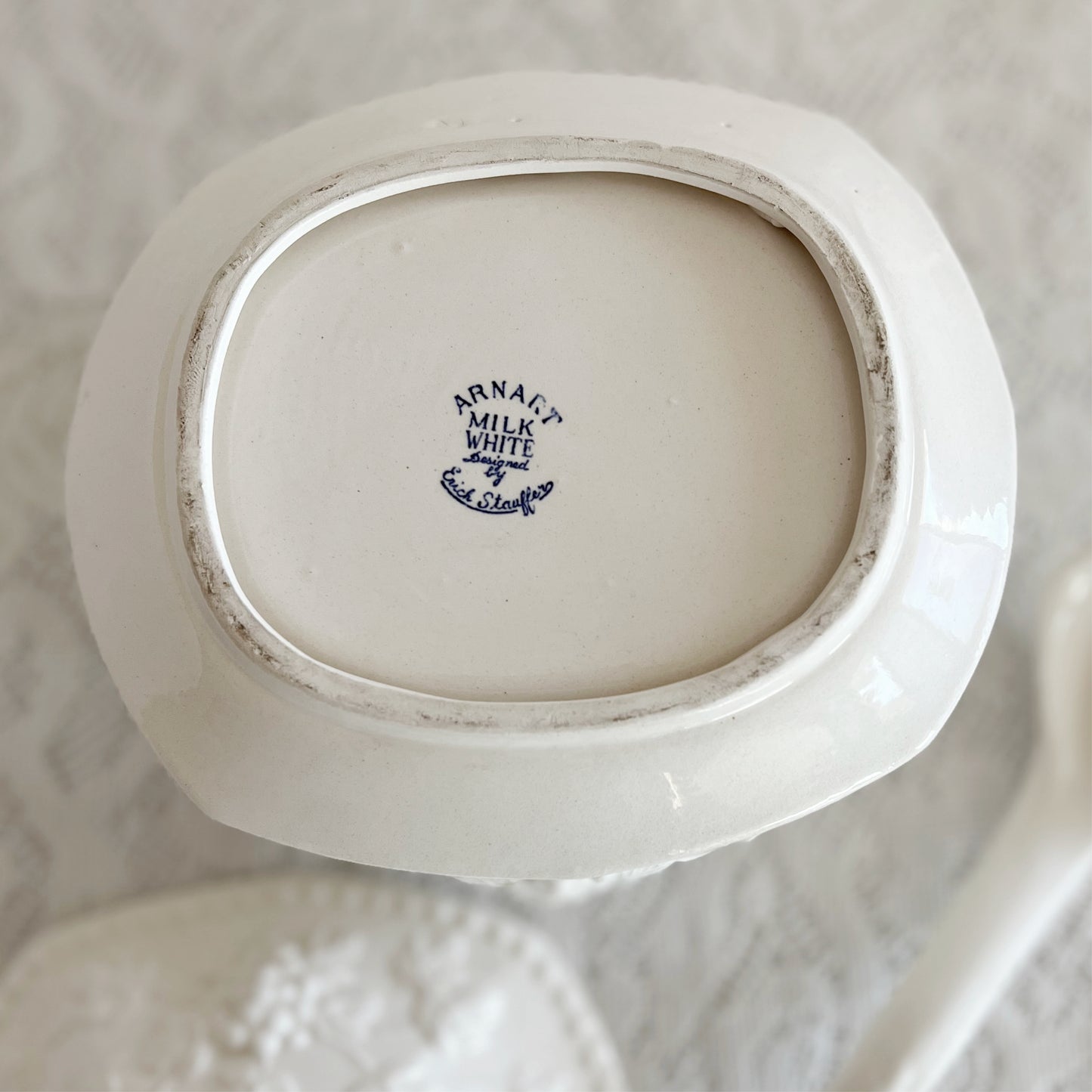 Vintage Arnart Milk White Gravy Boat with Underplate, Lid, and Ladle