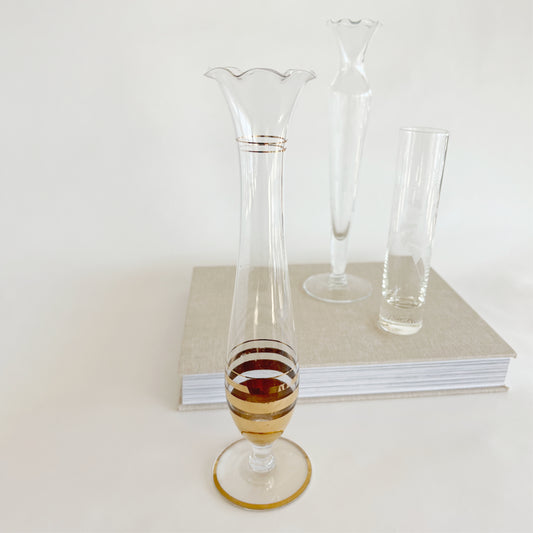Vintage Bud Vase with Gold Stripes/Fluted Rim