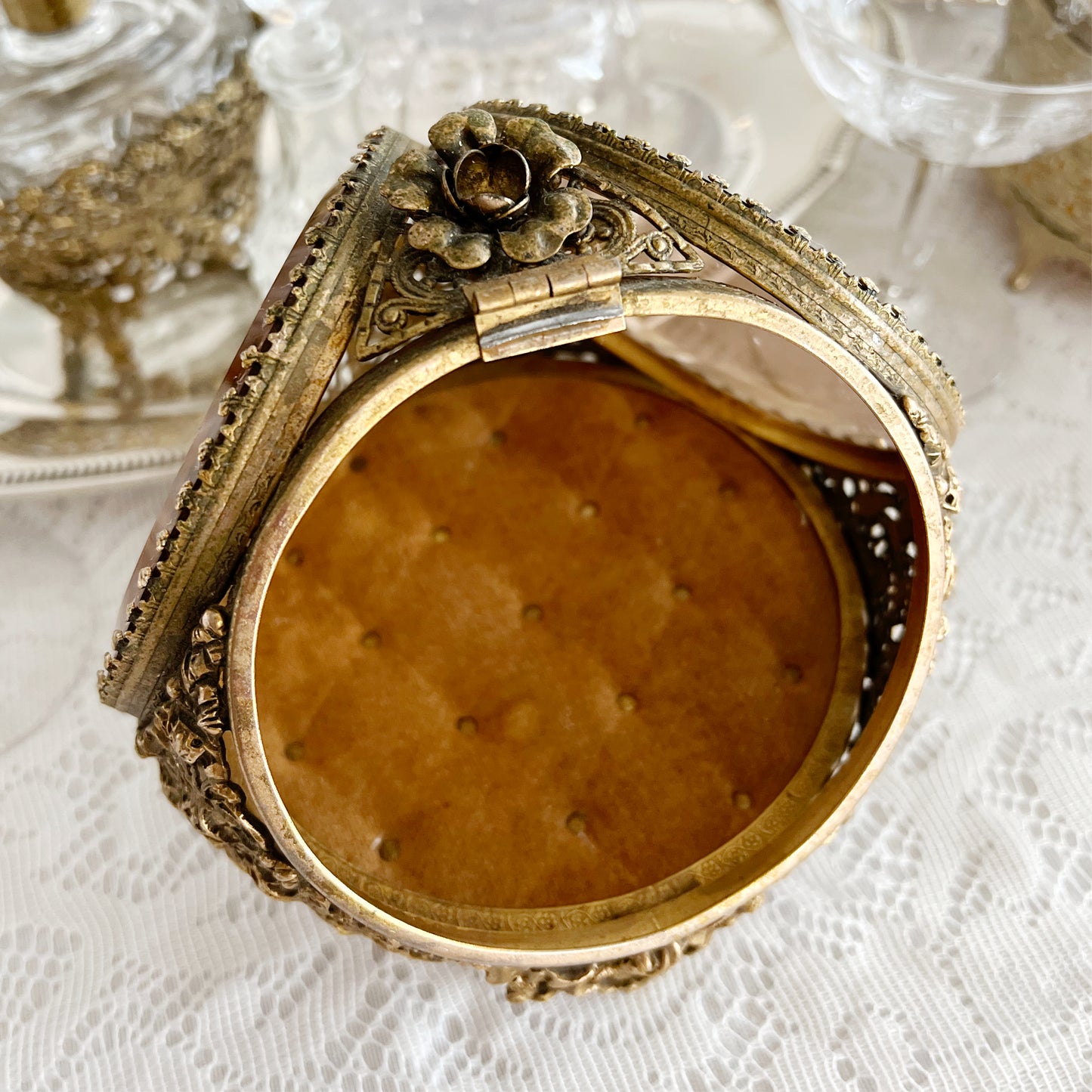 Vintage Ormolu Style Filigree Beveled 3-Sided Jewelry Box