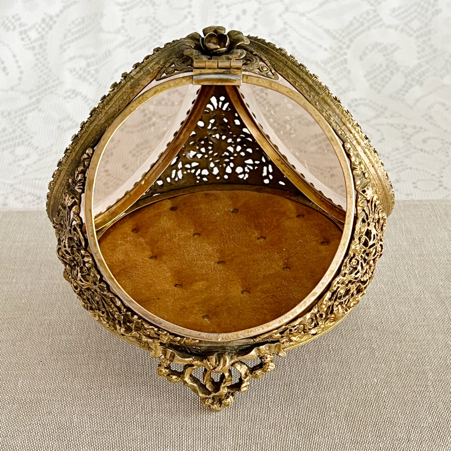 Vintage Ormolu Style Filigree Beveled 3-Sided Jewelry Box