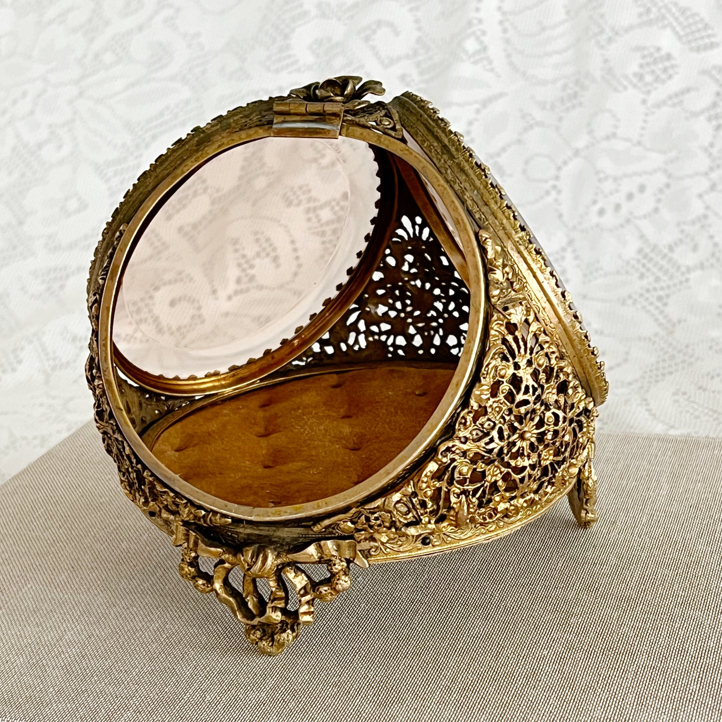 Vintage Ormolu Style Filigree Beveled 3-Sided Jewelry Box