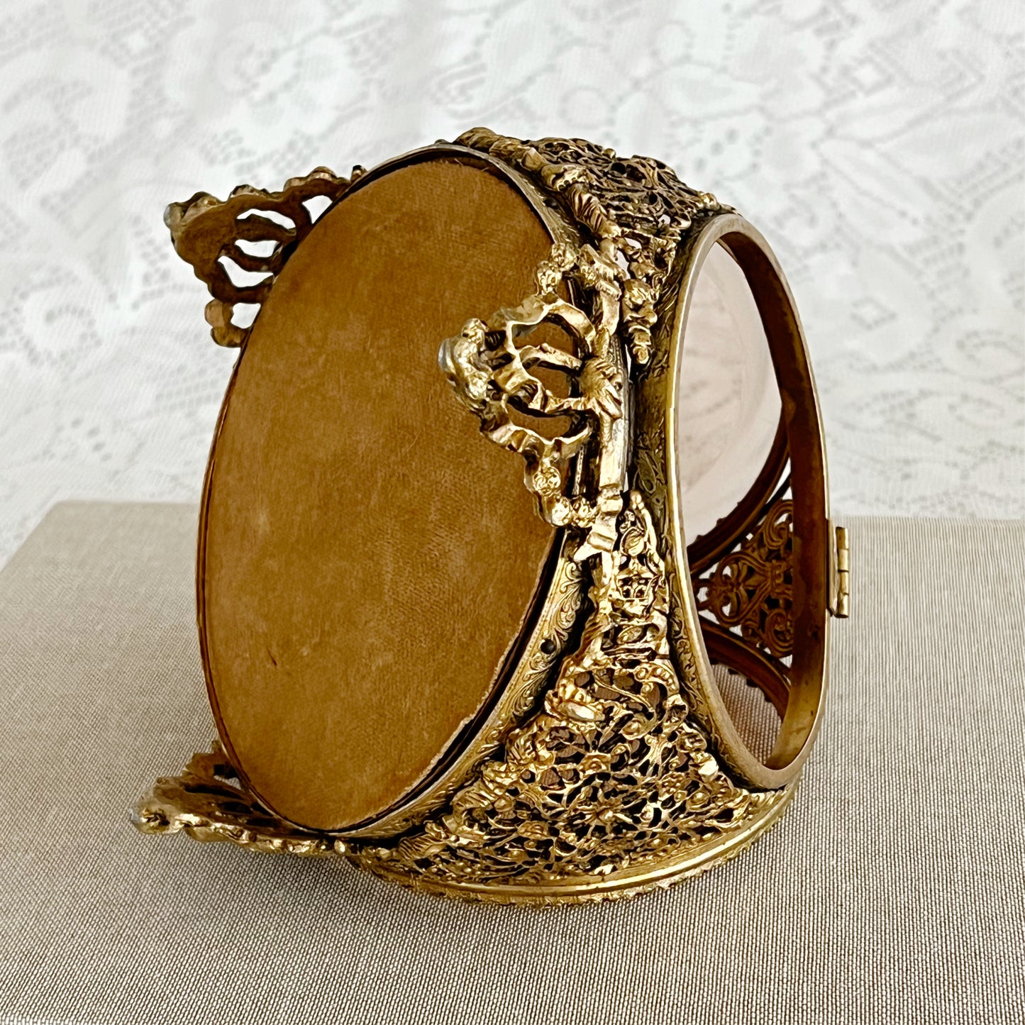 Vintage Ormolu Style Filigree Beveled 3-Sided Jewelry Box