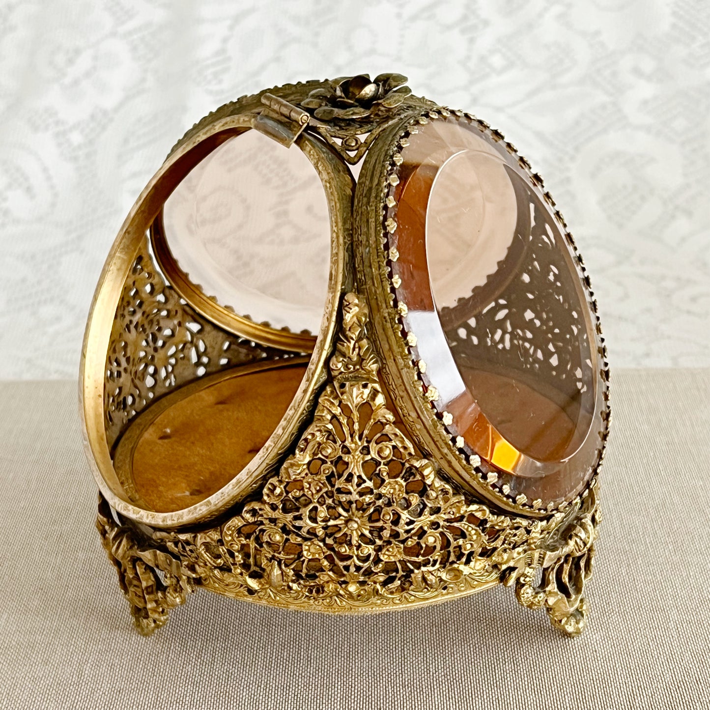 Vintage Ormolu Style Filigree Beveled 3-Sided Jewelry Box