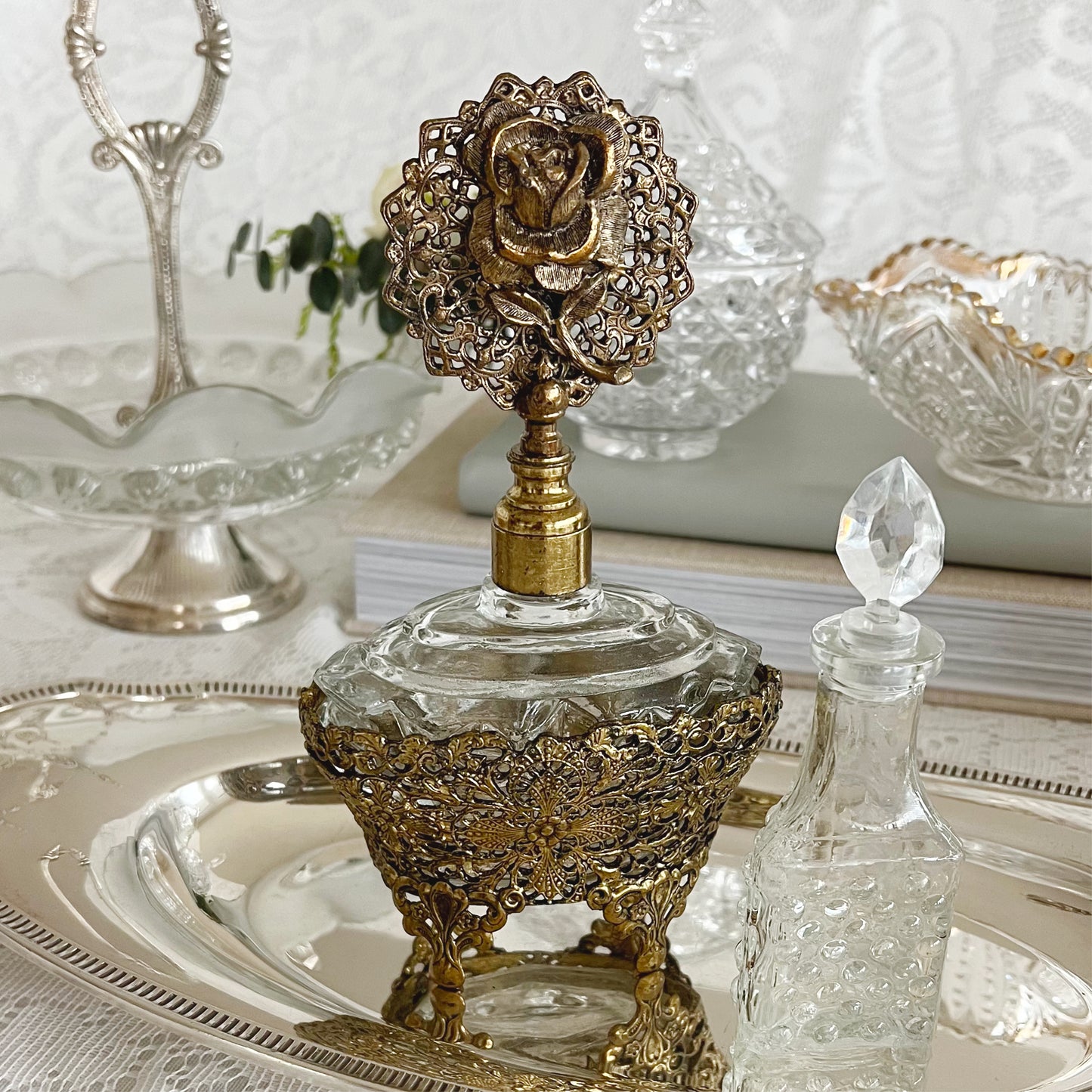 Vintage Ormolu Style Filigree Glass Perfume Bottle with Rose Topper