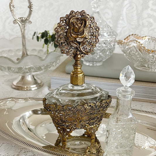 Vintage Ormolu Style Filigree Glass Perfume Bottle with Rose Topper