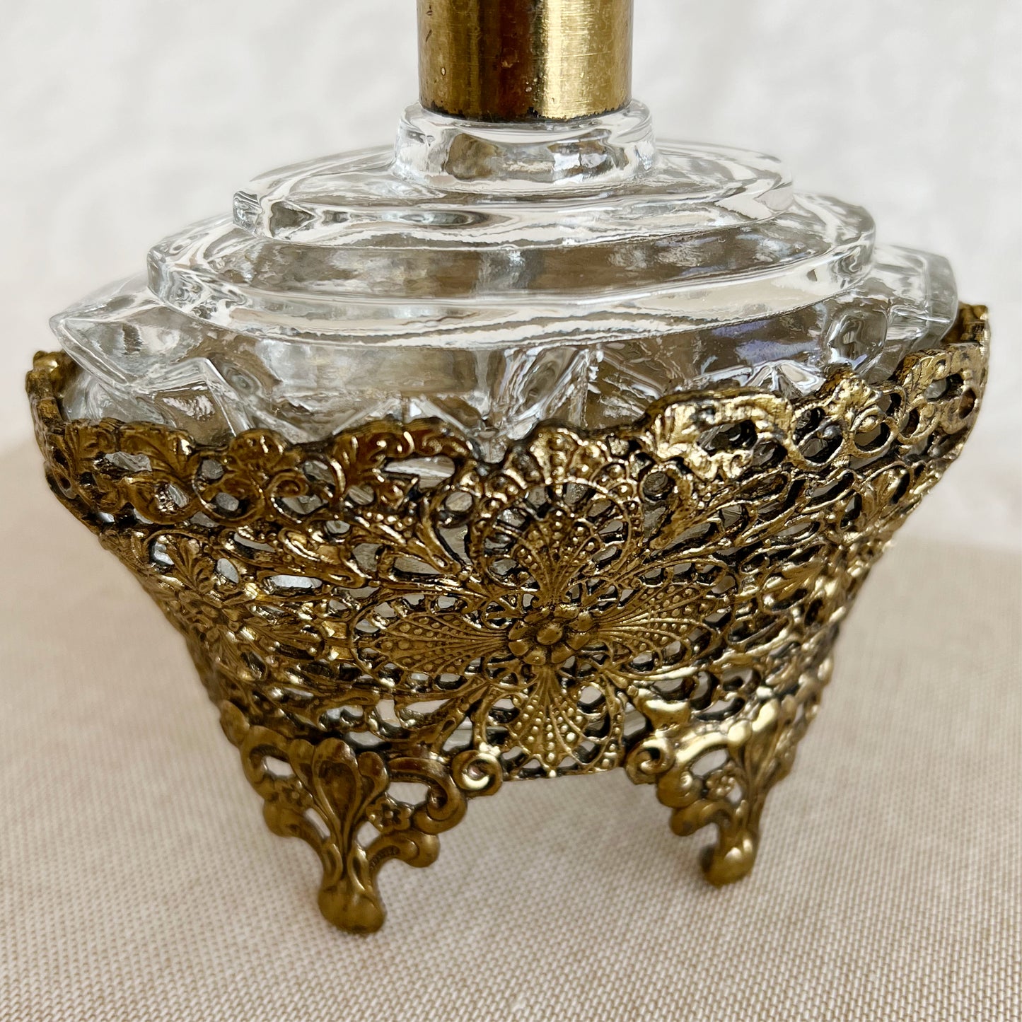 Vintage Ormolu Style Filigree Glass Perfume Bottle with Rose Topper