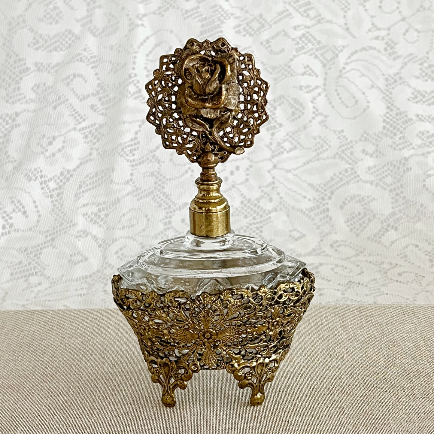 Vintage Ormolu Style Filigree Glass Perfume Bottle with Rose Topper