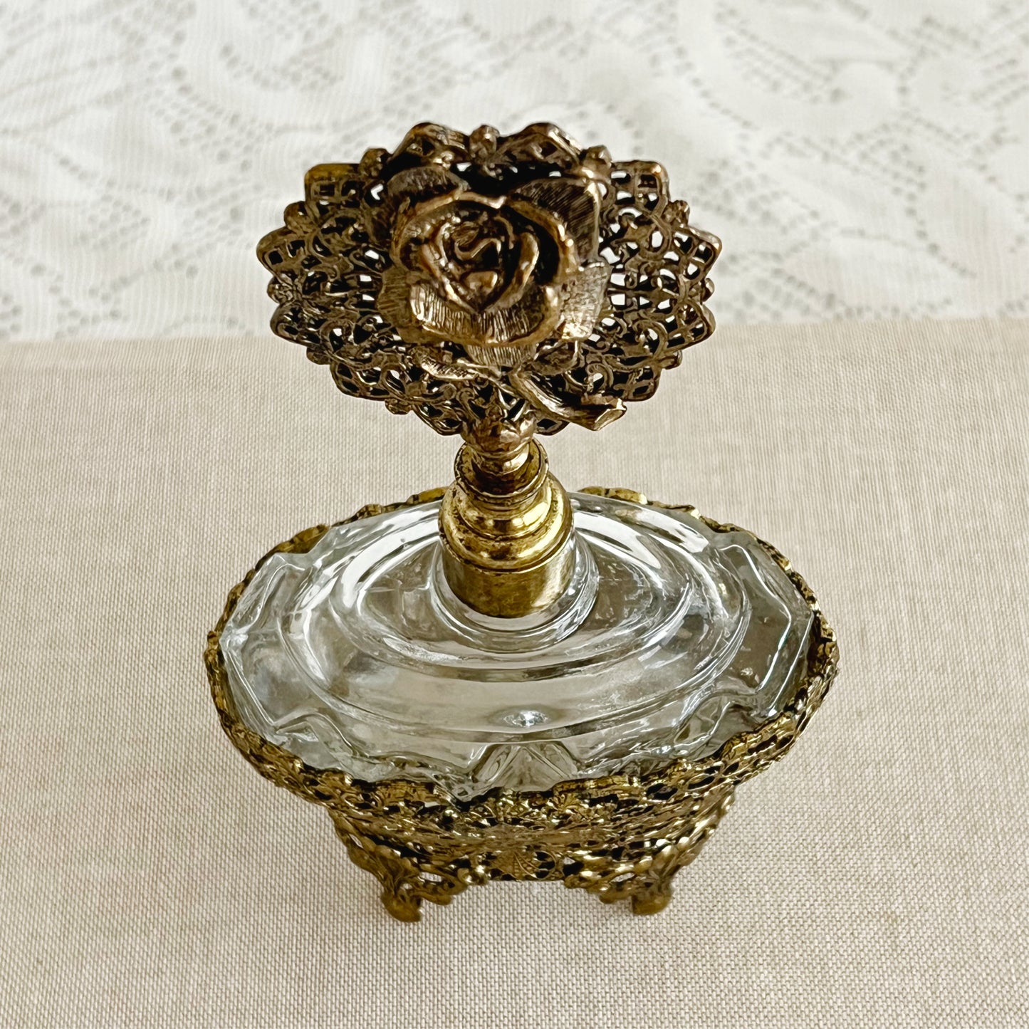 Vintage Ormolu Style Filigree Glass Perfume Bottle with Rose Topper