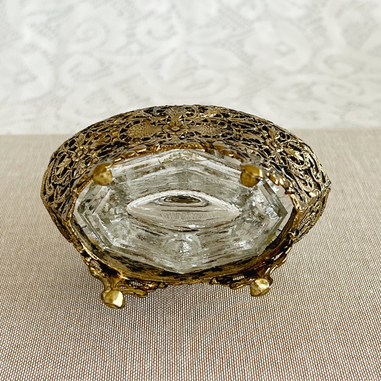 Vintage Ormolu Style Filigree Glass Perfume Bottle with Rose Topper