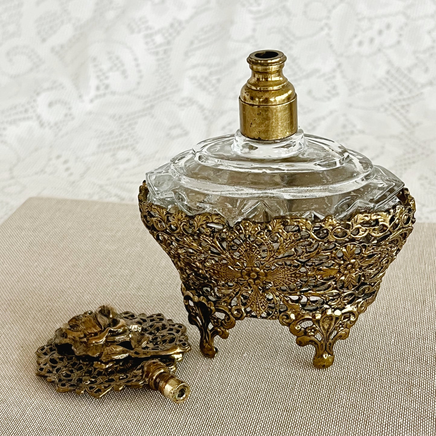 Vintage Ormolu Style Filigree Glass Perfume Bottle with Rose Topper