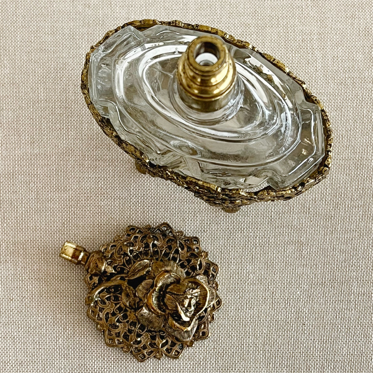 Vintage Ormolu Style Filigree Glass Perfume Bottle with Rose Topper