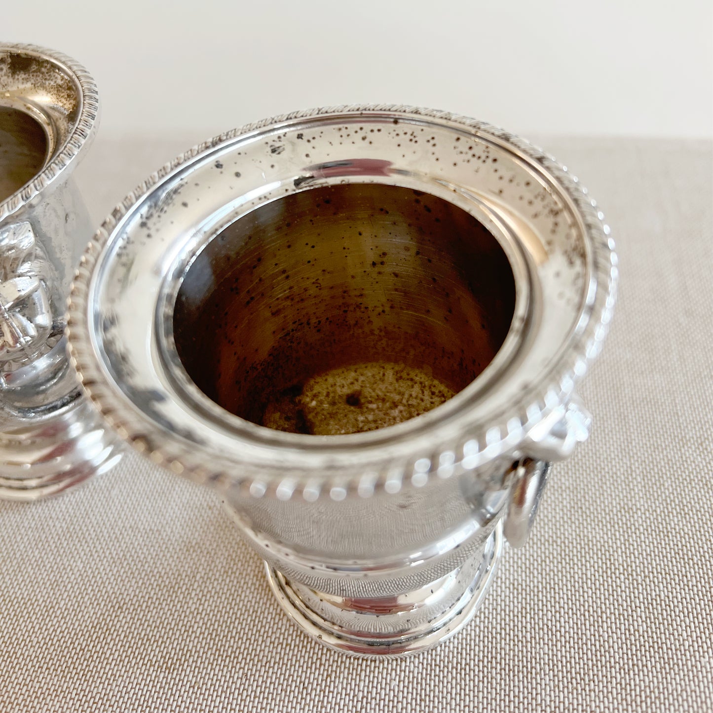 Vintage Sheffield Silver Small Containers with Lion Head Handles, pair