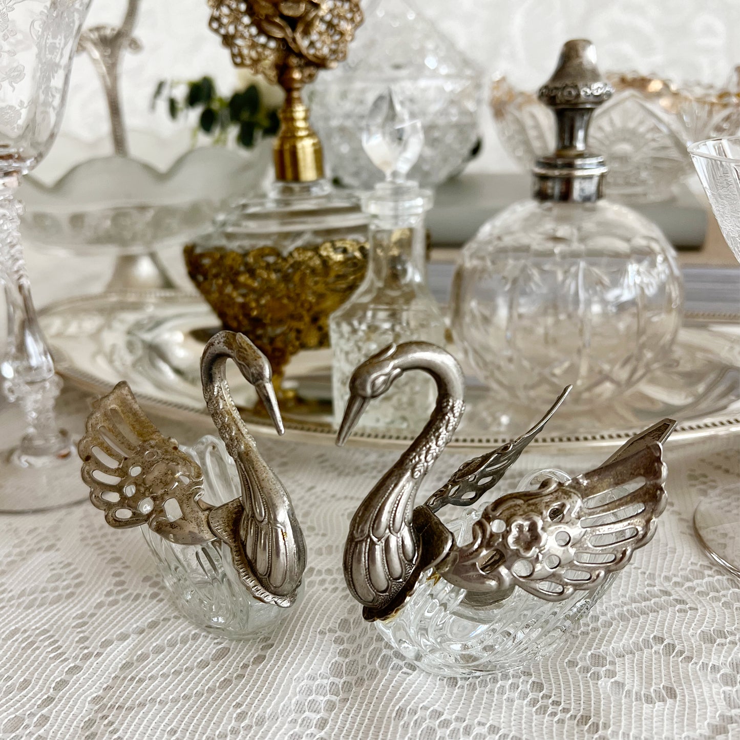Vintage Silver-Plated and Crystal Swan Salt Cellars with Spoons, Pair