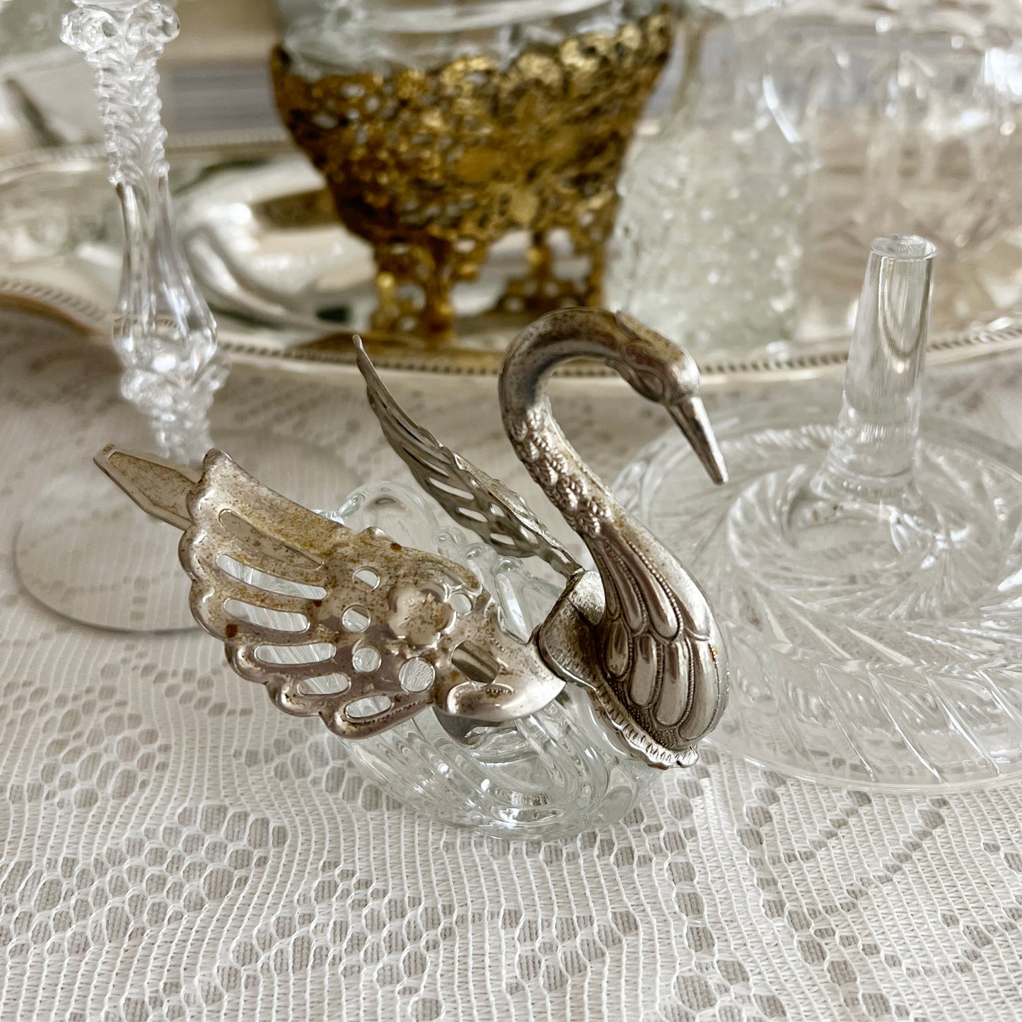 Vintage Silver-Plated and Crystal Swan Salt Cellars with Spoons, Pair
