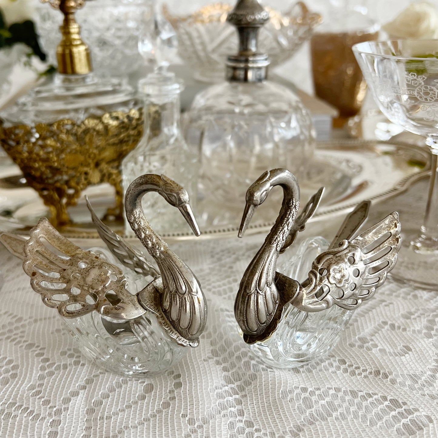 Vintage Silver-Plated and Crystal Swan Salt Cellars with Spoons, Pair