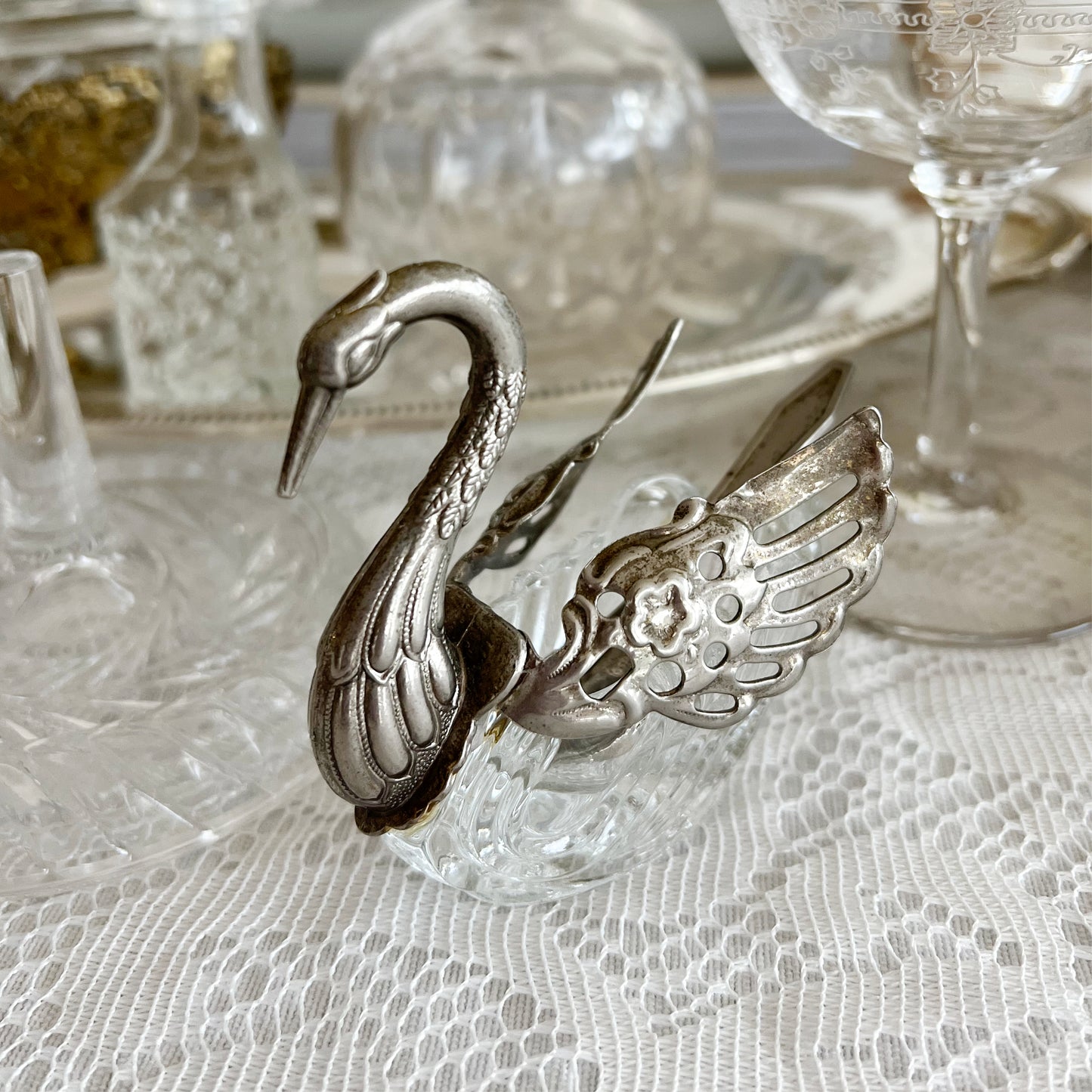 Vintage Silver-Plated and Crystal Swan Salt Cellars with Spoons, Pair