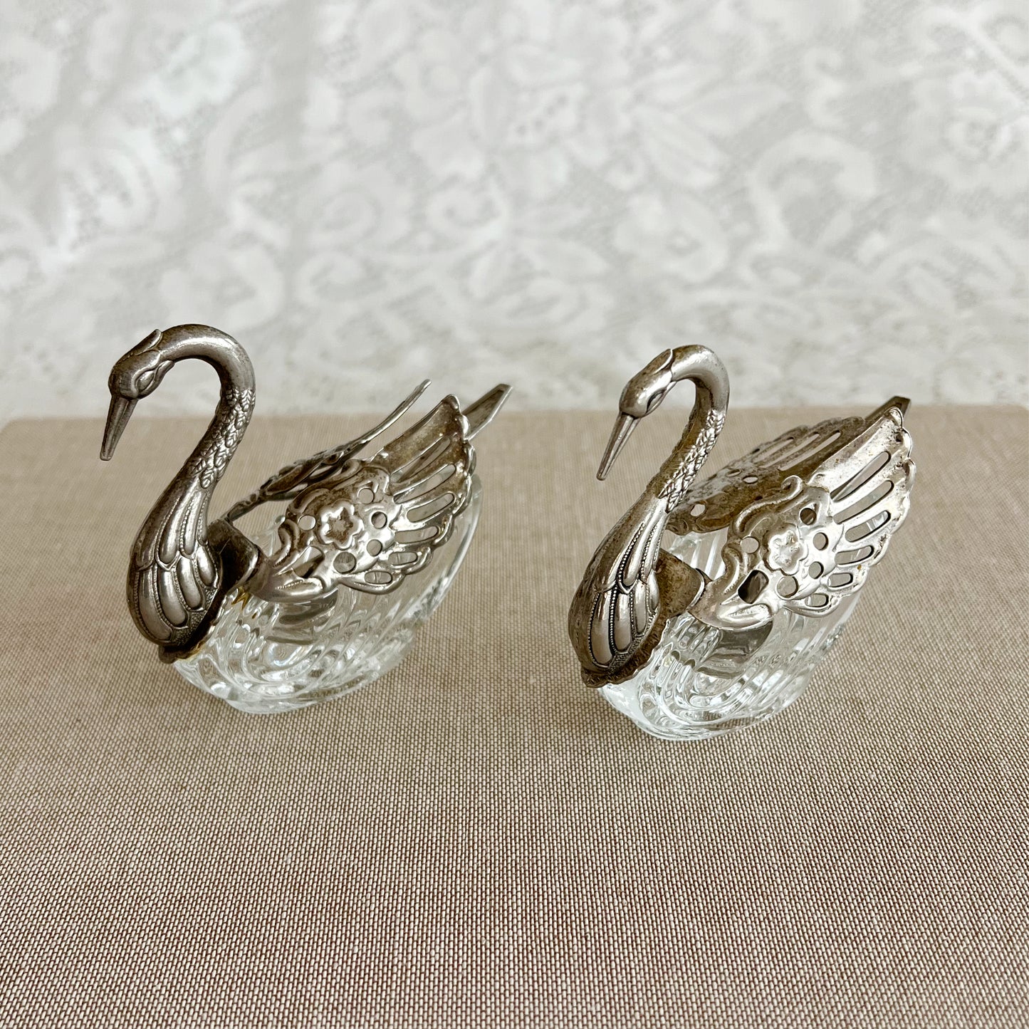 Vintage Silver-Plated and Crystal Swan Salt Cellars with Spoons, Pair