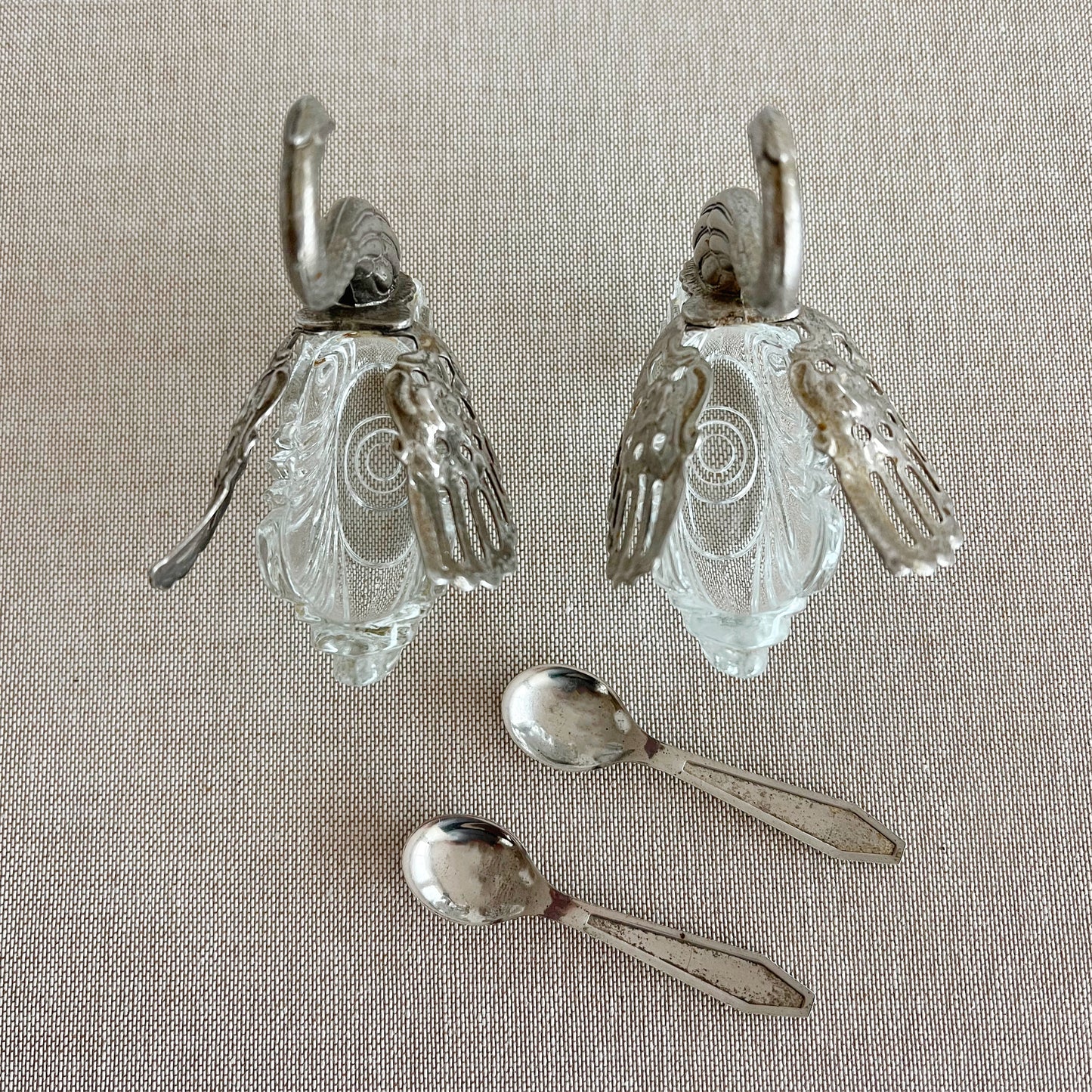 Vintage Silver-Plated and Crystal Swan Salt Cellars with Spoons, Pair