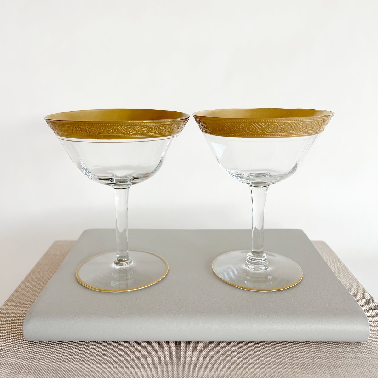 Vintage Tiffin-Franciscan Minton Champagne Glasses with gold encrusted pattern, pair