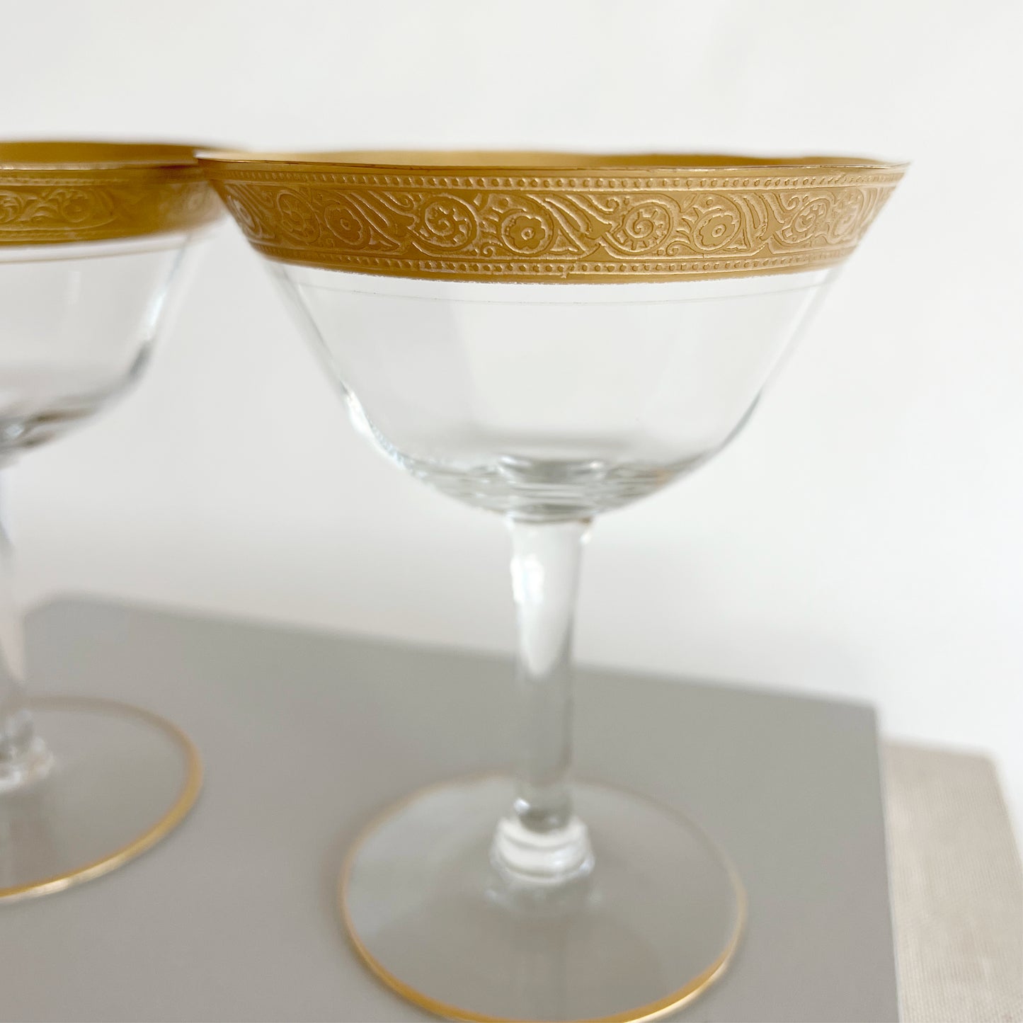 Vintage Tiffin-Franciscan Minton Champagne Glasses with gold encrusted pattern, pair