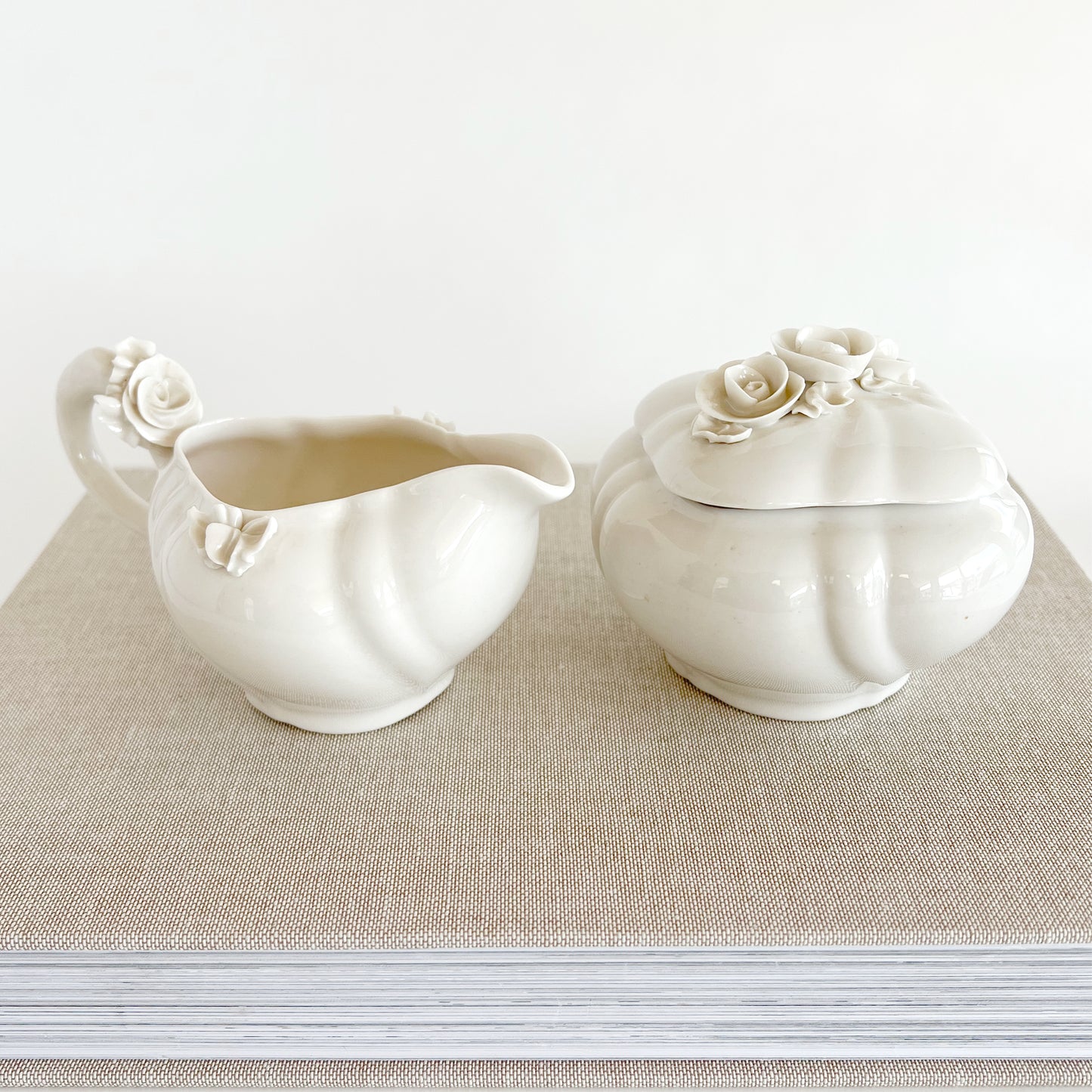 Vintage White Creamer and Box with Relief Flowers, sold as set