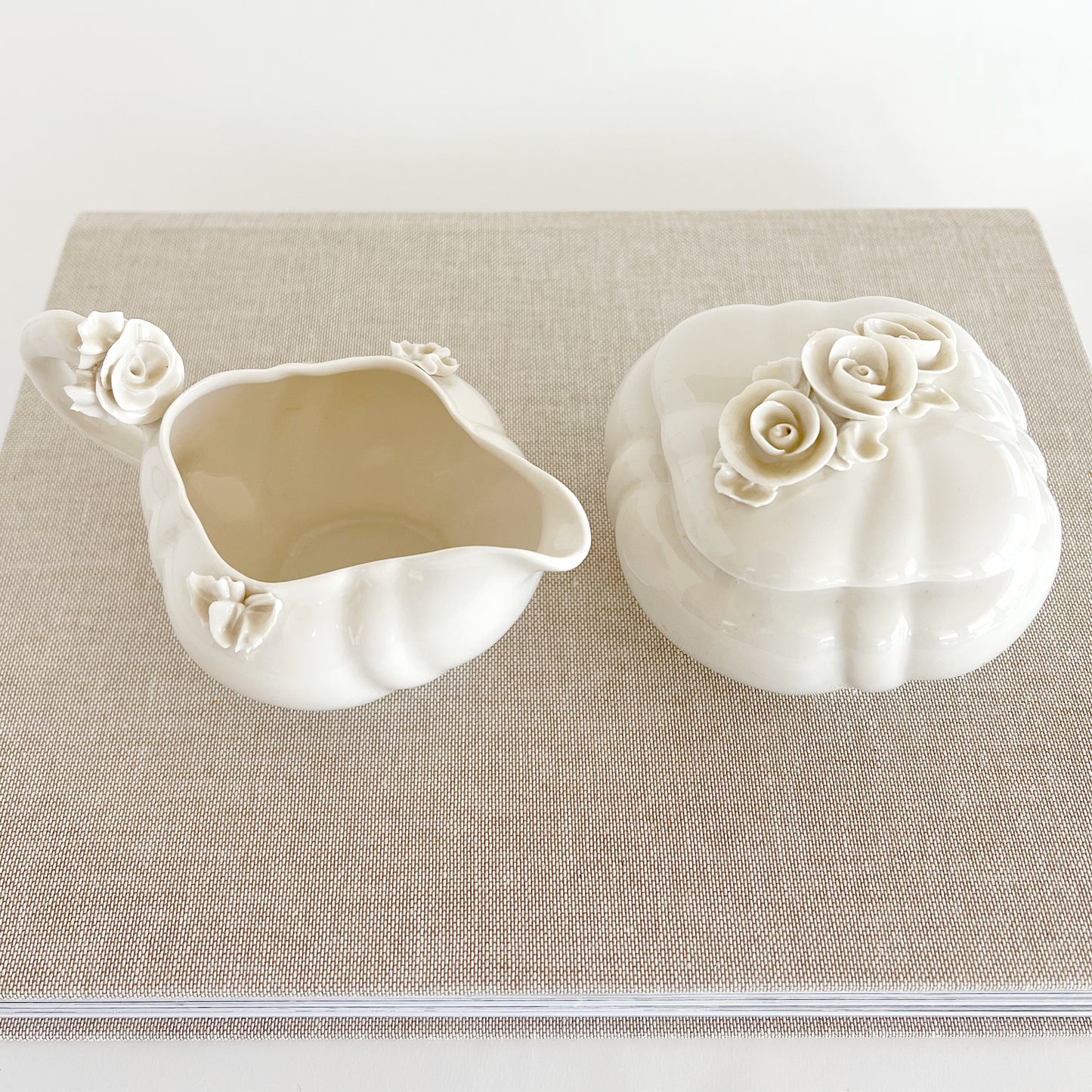 Vintage White Creamer and Box with Relief Flowers, sold as set