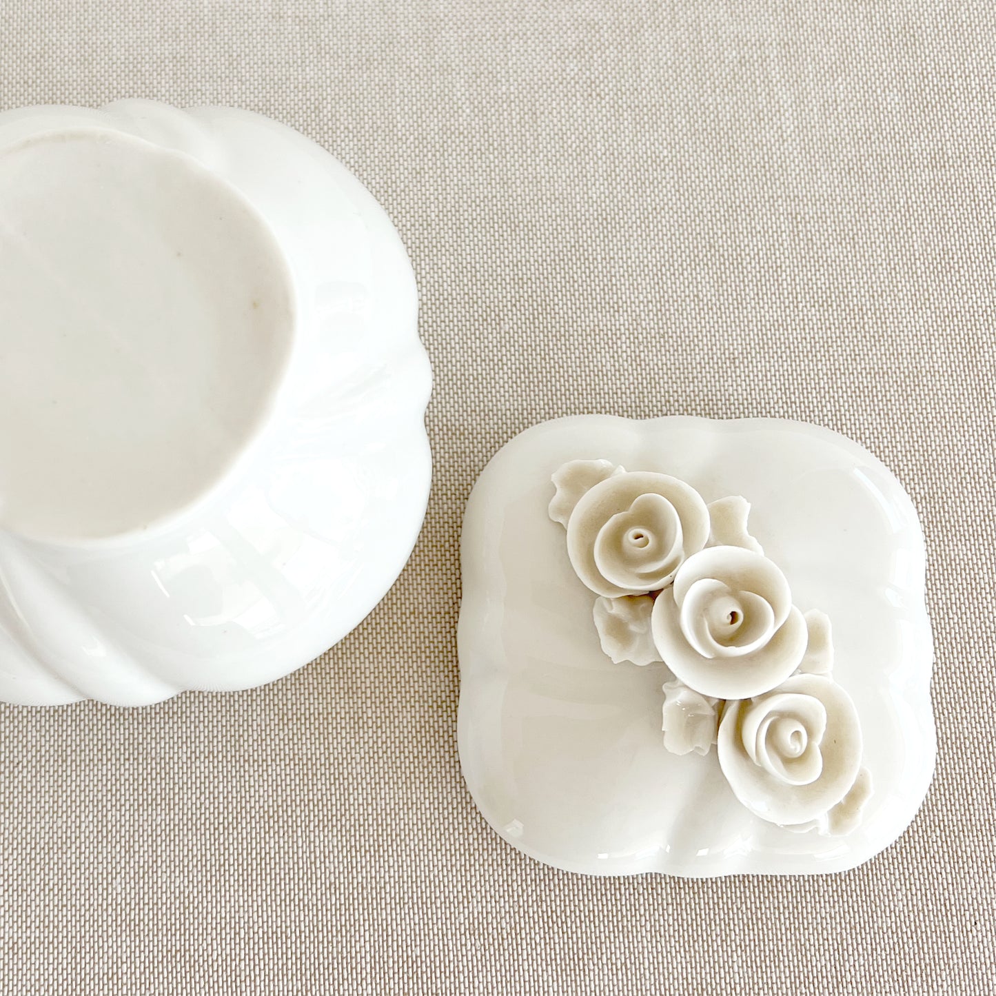 Vintage White Creamer and Box with Relief Flowers, sold as set