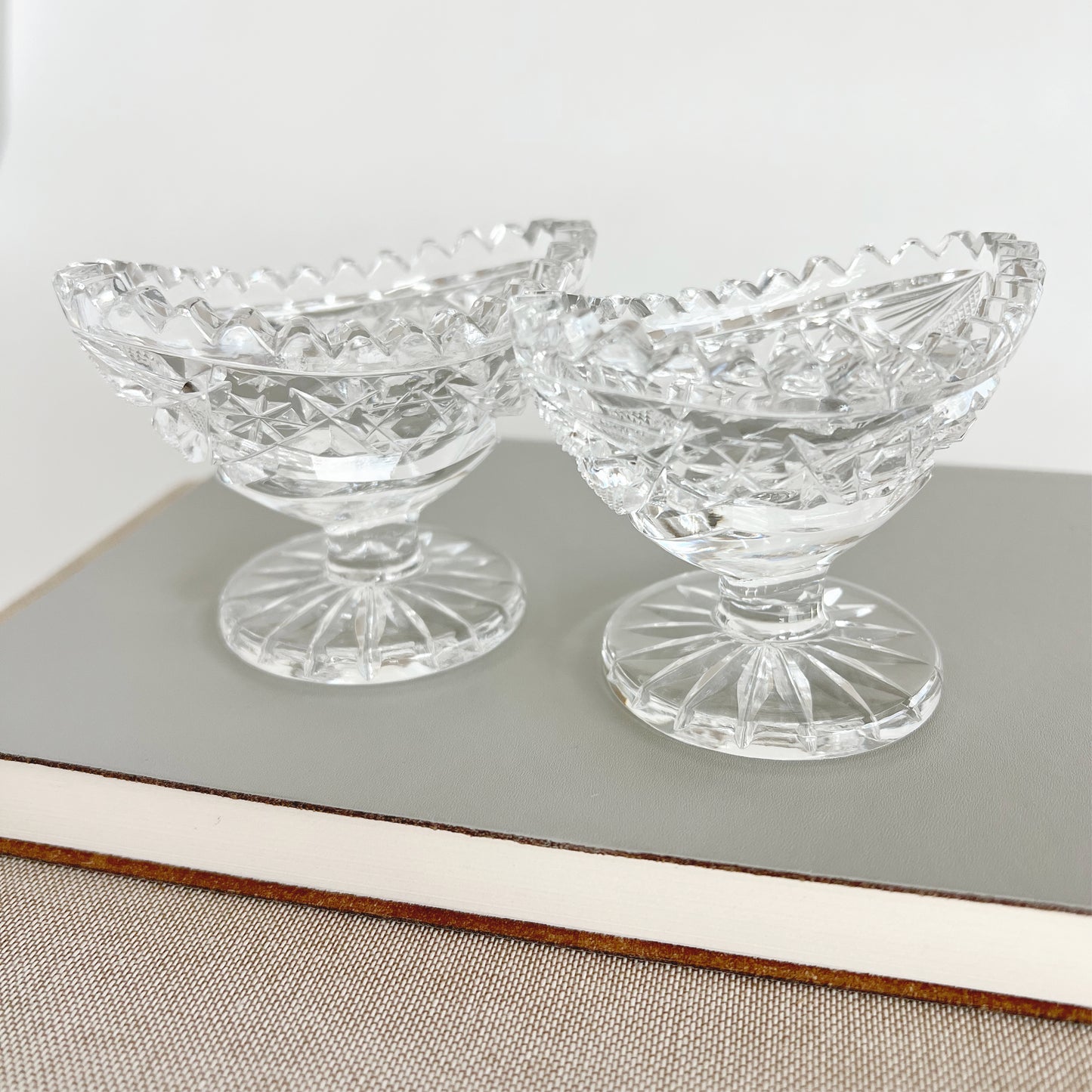 Vintage Crystal Footed Open Salt Cellars with Sawtooth Edge, sold as pair
