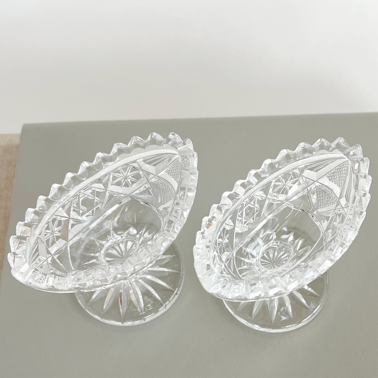 Vintage Crystal Footed Open Salt Cellars with Sawtooth Edge, sold as pair