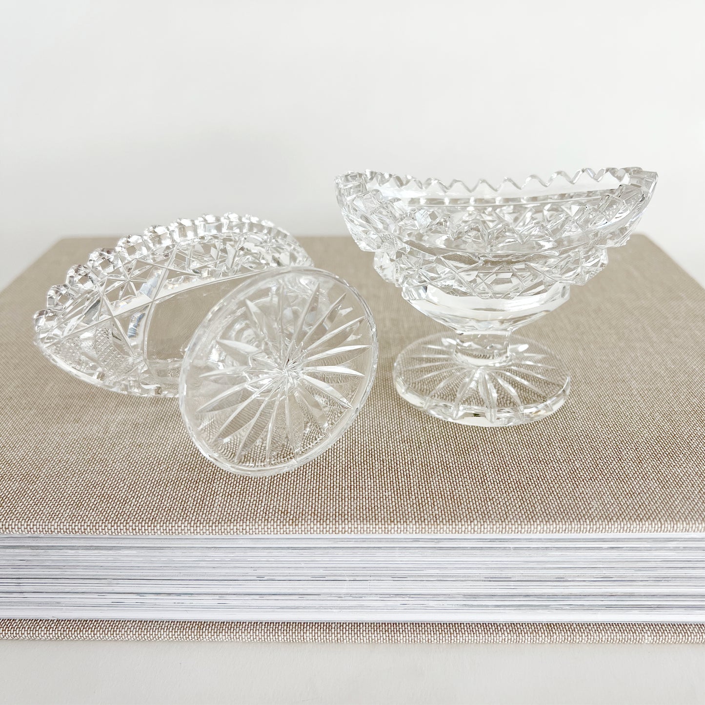Vintage Crystal Footed Open Salt Cellars with Sawtooth Edge, sold as pair