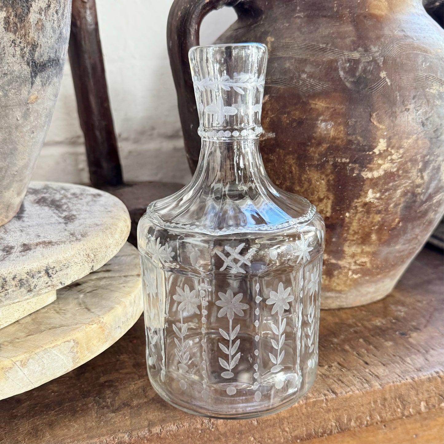 Vintage Etched Floral Glass Carafe