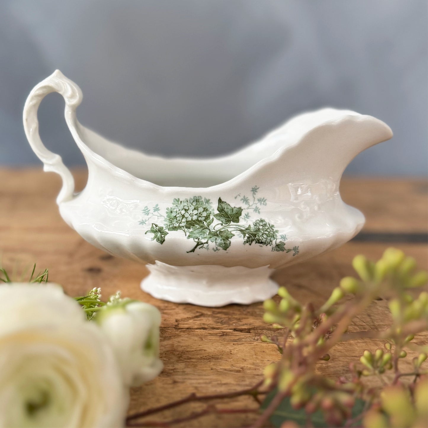 Vintage Excelsior Porcelain Gravy Boat with Green Ivy Details