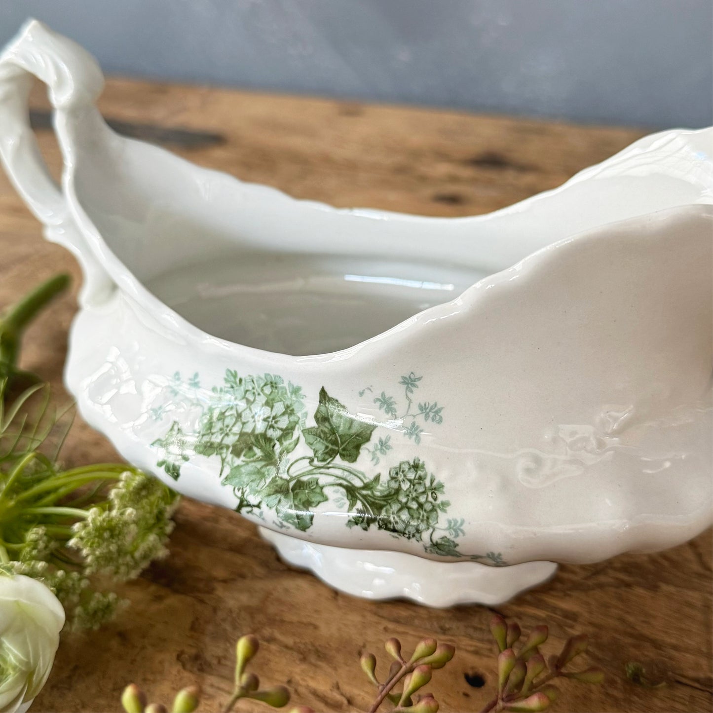 Vintage Excelsior Porcelain Gravy Boat with Green Ivy Details