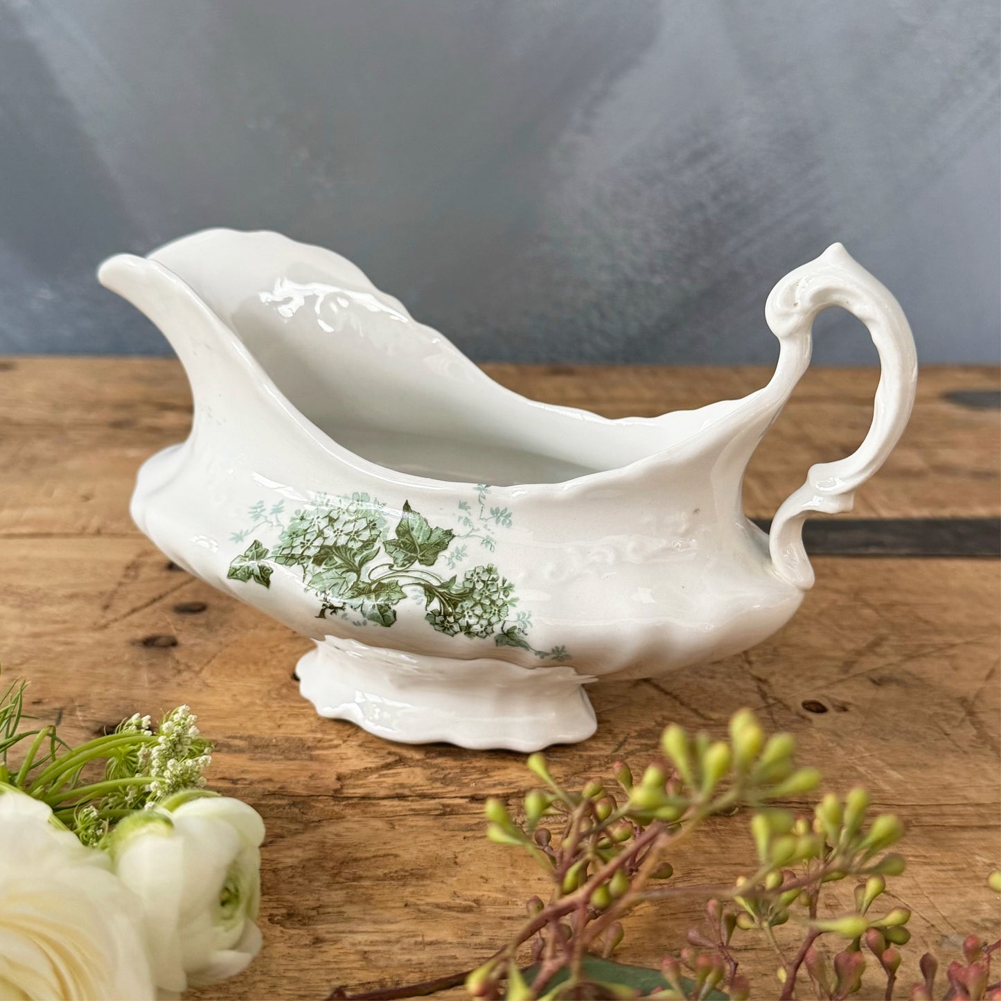 Vintage Excelsior Porcelain Gravy Boat with Green Ivy Details